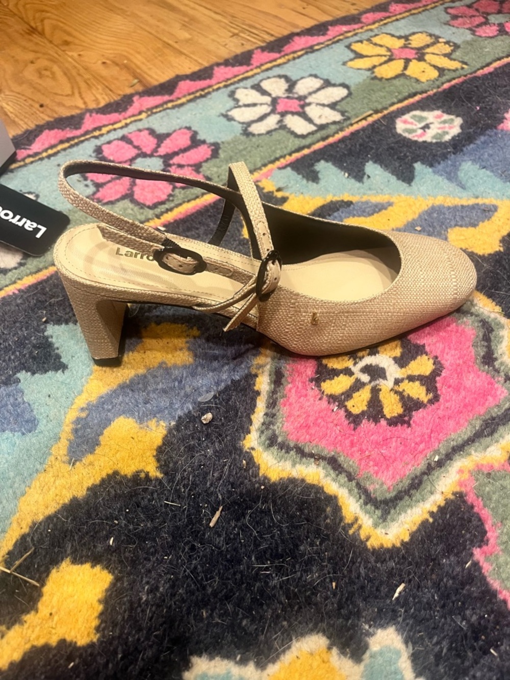 Larroude Beige Textured Slingback Block Heel with Buckle